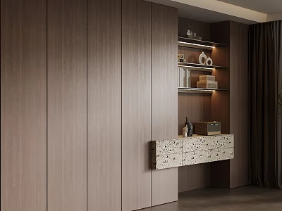 Modern Walnut Wooden Bookcase With Built In Shelves And Decorative Storage 3d model
