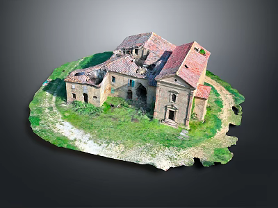 Ruined European Architecture with Red Tiled Roof and Surrounding Green Grassland 3d model