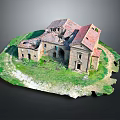 Ruined European Architecture with Red Tiled Roof and Surrounding Green Grassland