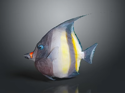 Colorful Tropical Fish with Blue Eyes Orange Mouth Yellow White Stripes on Reflective Gray Background 3d model