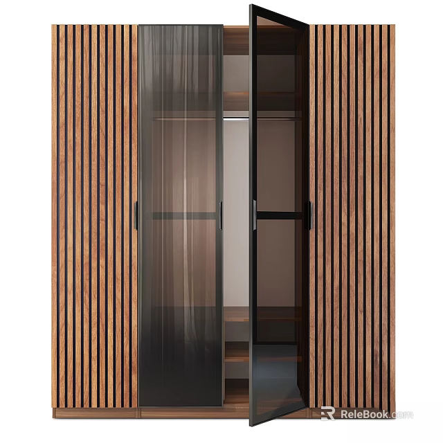 Modern Wooden Dresser with Glass Doors and Metal Handles in Sleek Slat Design 3d model 