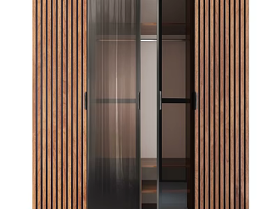 Modern Wooden Dresser with Glass Doors and Metal Handles in Sleek Slat Design 3d model