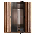 Modern Wooden Dresser with Glass Doors and Metal Handles in Sleek Slat Design