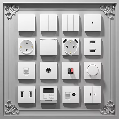 Multiple Designs of Modern Switch Panels with Socket Control and Display Functions Neatly Arranged 3d model