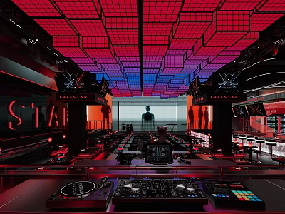 Modern Bar Interior With Red Blue Grid Ceiling DJ Booth Lighting And STAR Sign 3d model