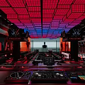 Modern Bar Interior With Red Blue Grid Ceiling DJ Booth Lighting And STAR Sign