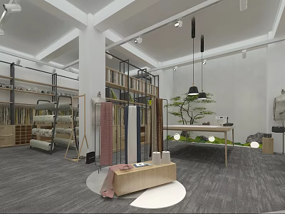 Modern Clothing Store Interior With Clothing Racks Shelves Display Tables And Decorative Plants 3d model