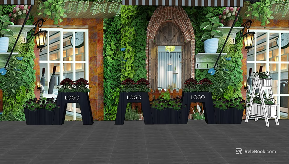 Bonsai Potted Plants Decorating Entrance With Green Plant Wall And Hanging Pots 3d model 