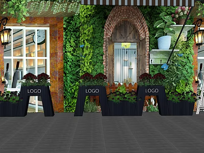 Bonsai Potted Plants Decorating Entrance With Green Plant Wall And Hanging Pots 3d model