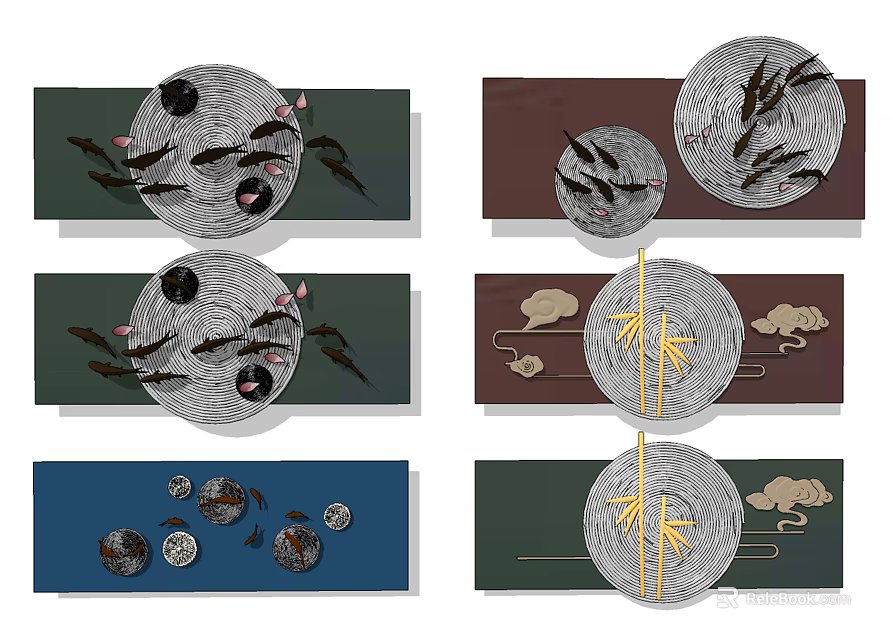 Creative Wall Decor With Circular Moon Fish Bamboo And Cloud Elements 3d model 
