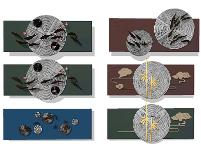 Creative Wall Decor With Circular Moon Fish Bamboo And Cloud Elements 3d model
