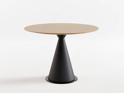 Modern Round Dining Table With Light Brown Wooden Top And Black Conical Base 3d model