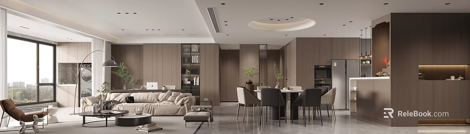 Modern Living And Dining Room Interior Design With Beige Sofa Wooden Walls And Green Plants 3d model 