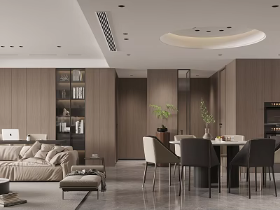 Modern Living And Dining Room Interior Design With Beige Sofa Wooden Walls And Green Plants 3d model