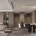 Modern Living And Dining Room Interior Design With Beige Sofa Wooden Walls And Green Plants