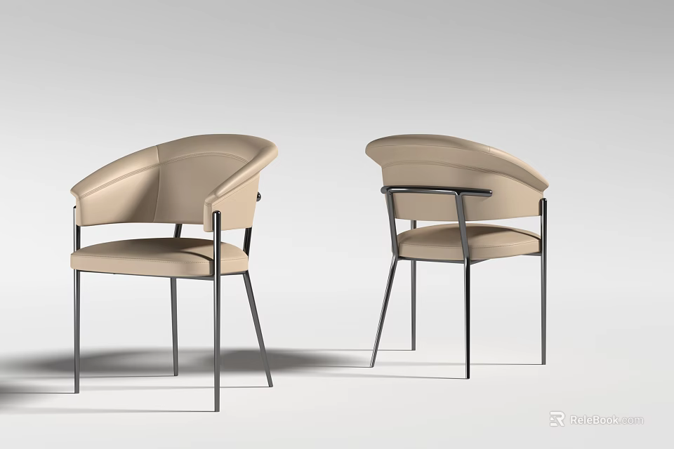 Elegant Modern Beige Upholstered Dining Chairs With Curved Backrest And Metal Frame 3d model 