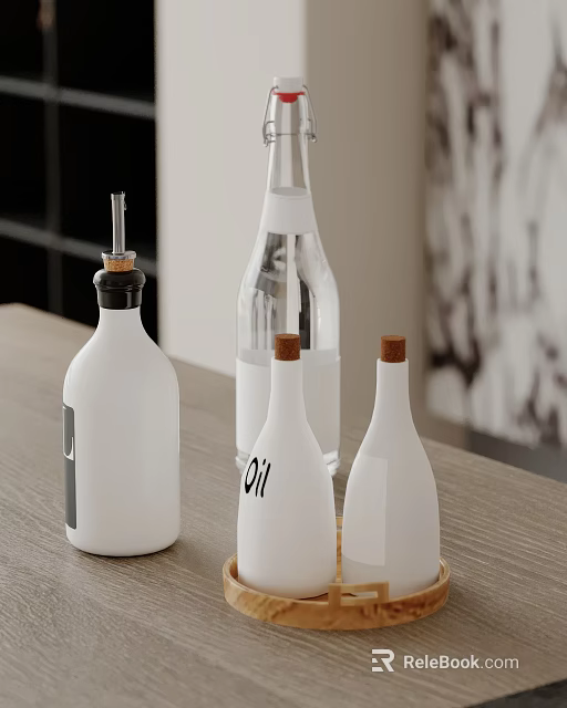 Decorative Ornament Set with White Bottles Cork Stoppers and Oil Label for Kitchen Countertop 3d model 