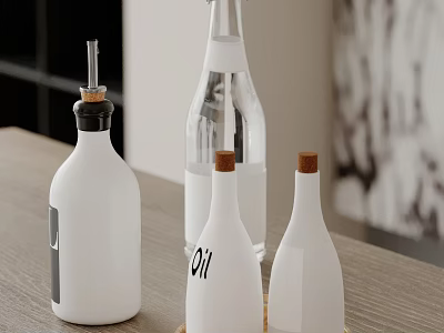 Decorative Ornament Set with White Bottles Cork Stoppers and Oil Label for Kitchen Countertop 3d model