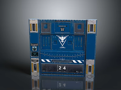 Blue Industrial Gate With Yellow Stripes Number 24 77 Logo And Control Panel 3d model