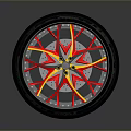 Stylish Car Wheel Rim With Red And Yellow Spokes And Black Tire