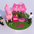 Pink Check in Photo Spot With Large Plush Doll Green Plants Signboard and Dogs