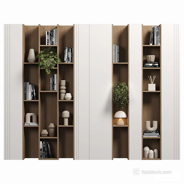 Modern Wooden And White Decorative Cabinet With Shelves Books Green Plants And Decorative Items 3d model 