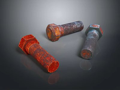 Rusty And Red Hex Bolts On Dark Reflective Surface 3d model