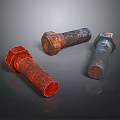 Rusty And Red Hex Bolts On Dark Reflective Surface 3d model