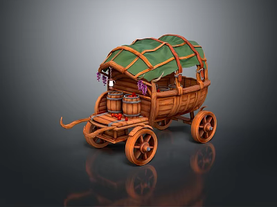 Vintage Wooden Carriage With Green Canopy Decorative Barrels And Purple Flowers 3d model
