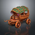 Vintage Wooden Carriage With Green Canopy Decorative Barrels And Purple Flowers