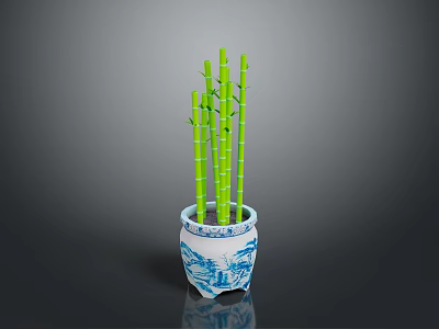 Blue And White Porcelain Pot With Green Bamboo For Home Decoration 3d model