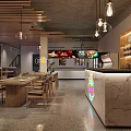 Modern Restaurant Interior With Wooden Ceiling Pendant Lights Neon Decor And Seating Area