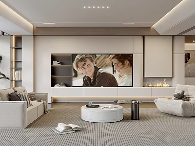 Modern Living Room Interior Design With Large Screen TV Sofas Round Coffee Table And Fireplace 3d model