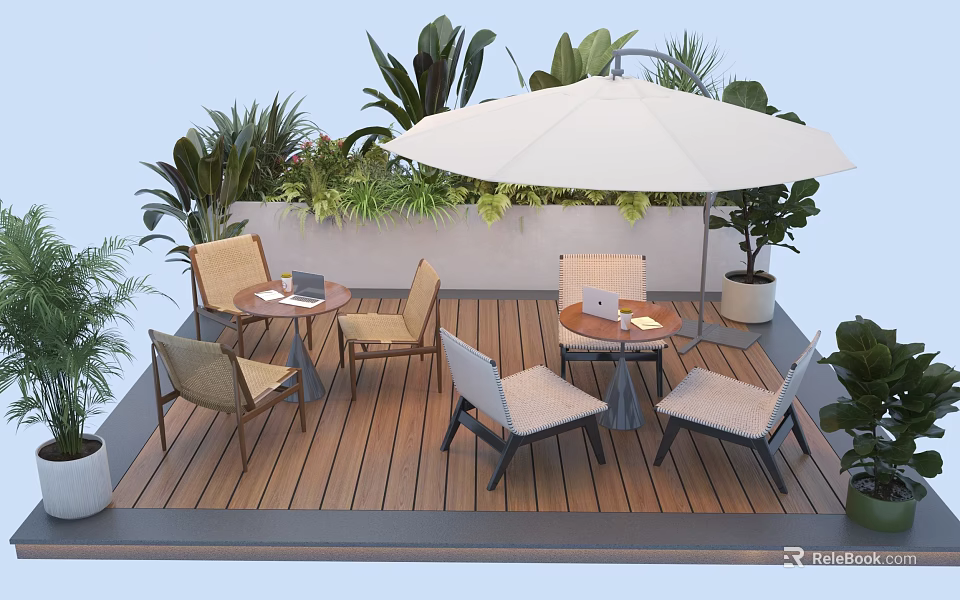 Stylish Outdoor Table with White Umbrella Chairs and Green Plants on Wooden Deck 3d model 