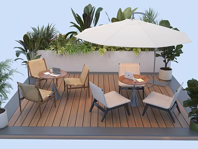 Stylish Outdoor Table with White Umbrella Chairs and Green Plants on Wooden Deck 3d model