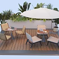 Stylish Outdoor Table with White Umbrella Chairs and Green Plants on Wooden Deck