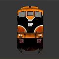 Orange Model Train on Railway Track with Reflective Surface and Gray Background