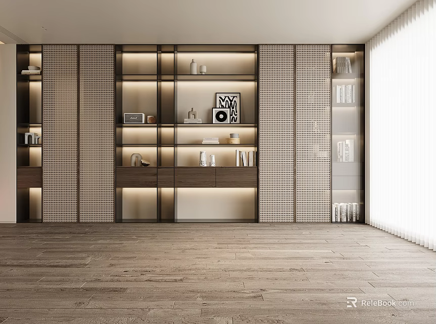 Modern Bookcase Interior Design With Layered Shelves Built in Lighting Decorative Items And Books 3d model 