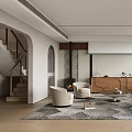 Modern Living Room Interior Design With Sofa Armchairs Area Rug Fireplace TV Cabinet Pendant Lights