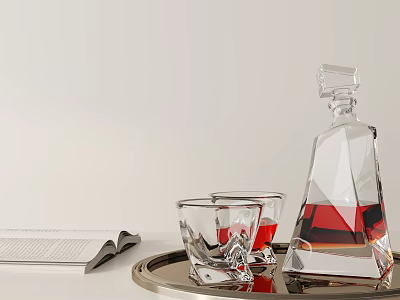 Decorative Ornament Set With Crystal Decanter Glasses On Metal Tray And Open Book 3d model