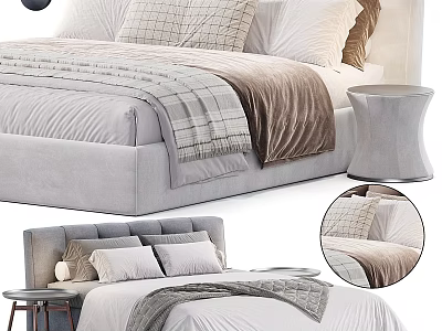 Modern Double Bed Setup With Plush Pillows Soft Velvet Blanket And Bedside Stool 3d model