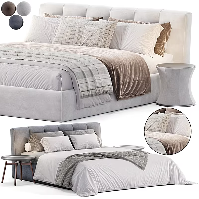 Modern Double Bed Setup With Plush Pillows Soft Velvet Blanket And Bedside Stool 3d model