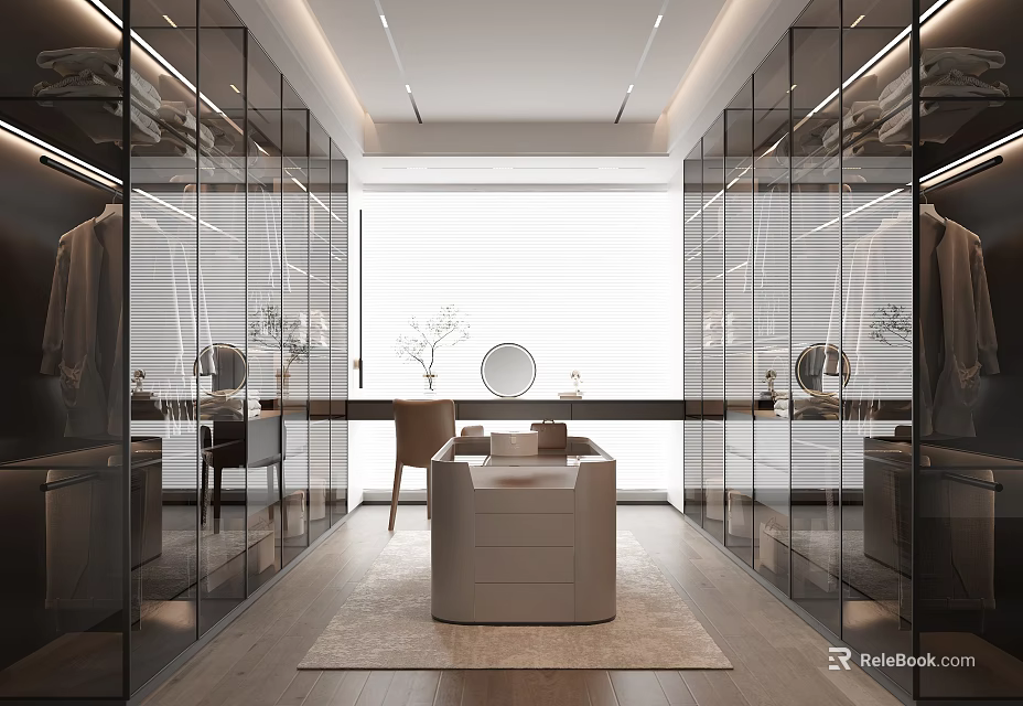 Modern Walk in Closet with Glass Doors Marble Countertop Dressing Table Full Length Mirror Lighting 3d model 