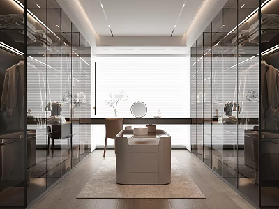 Modern Walk in Closet with Glass Doors Marble Countertop Dressing Table Full Length Mirror Lighting 3d model