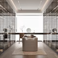 Modern Walk in Closet with Glass Doors Marble Countertop Dressing Table Full Length Mirror Lighting