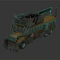 Apocalyptic Modified School Bus With Snow Plow Crane Rusty Metal Texture And Mechanical Details