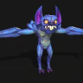 Purple Blue Fantasy Creature With Bat Ears Large Eyes Sharp Fangs Outstretched Arms