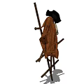 Wooden Standing Coat Hanger Holding Brown Jacket Black Hat and Plaid Cloth