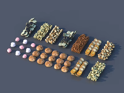Assorted Food Snacks With Nuts Candies And Mixed Grains On 3d model