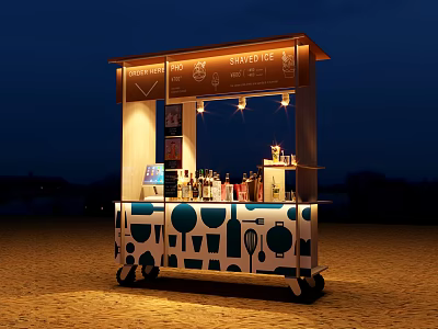 Illuminated Mobile Food Cart Design With Blue White Kitchen Utensil Patterns At Night 3d model